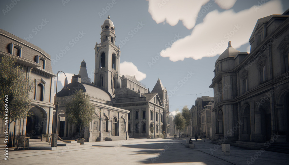 Ancient Gothic chapel, symbol of spirituality, stands tall in cityscape generated by AI