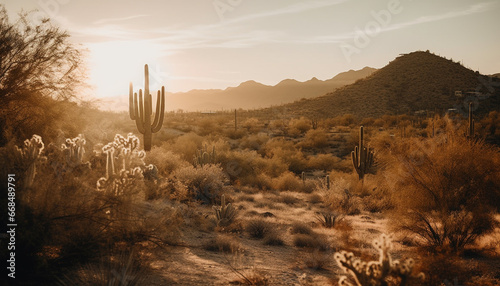 Sunset over a tranquil landscape, mountains and cacti in view generated by AI