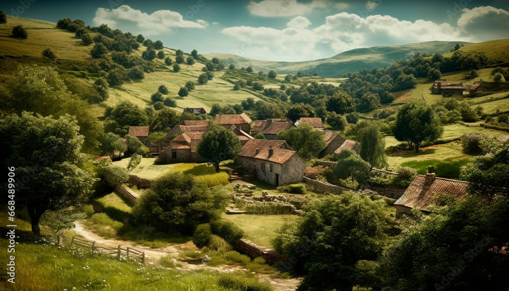 Rural landscape, farmhouse, green meadow, ancient building, panoramic mountain view generated by AI