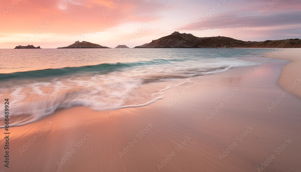 Sunset over the tranquil coastline, waves crashing on the sandy beach generated by AI
