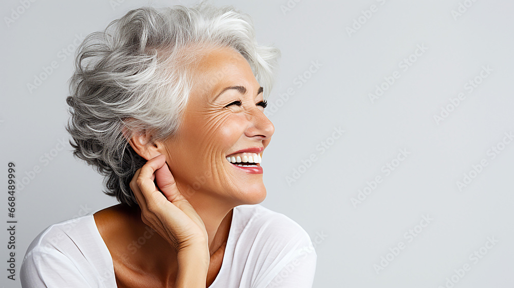 Beautiful senior woman with gray hair, copy space available