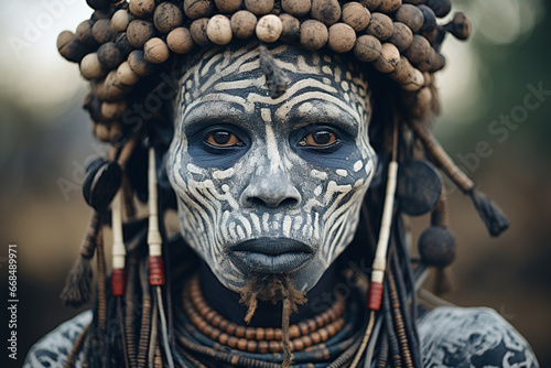 Senior african serious man primitive tribe with traditional white face paint pattern and jewelry photo