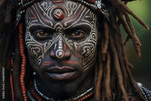 Primitive serious African tribe man with traditional white paint pattern on face looking at camera outdoors, close-up