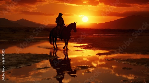 A man rides a horse in sunset