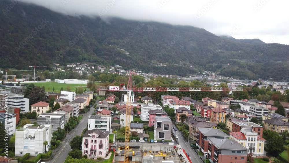 Aerial View Above Bellinzona Swiss Town in Ticino Canton Switzerland Alps Valley