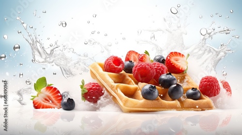 waffles and strawberries  blueberry isolated on white background