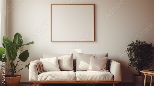 white blank wooden photo artwork frame mockup template backdrop for creative ideas background clean and clear simple minimal comfort interior daylight © VERTEX SPACE