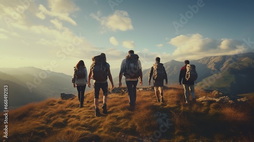 Candid Photo of Friends Hiking Together in the Mountains. Adventure Journey Concept
 photo