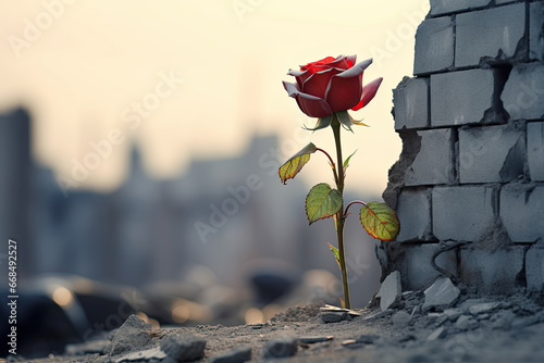 a rose that is sprouting out of the wall of a concrete building