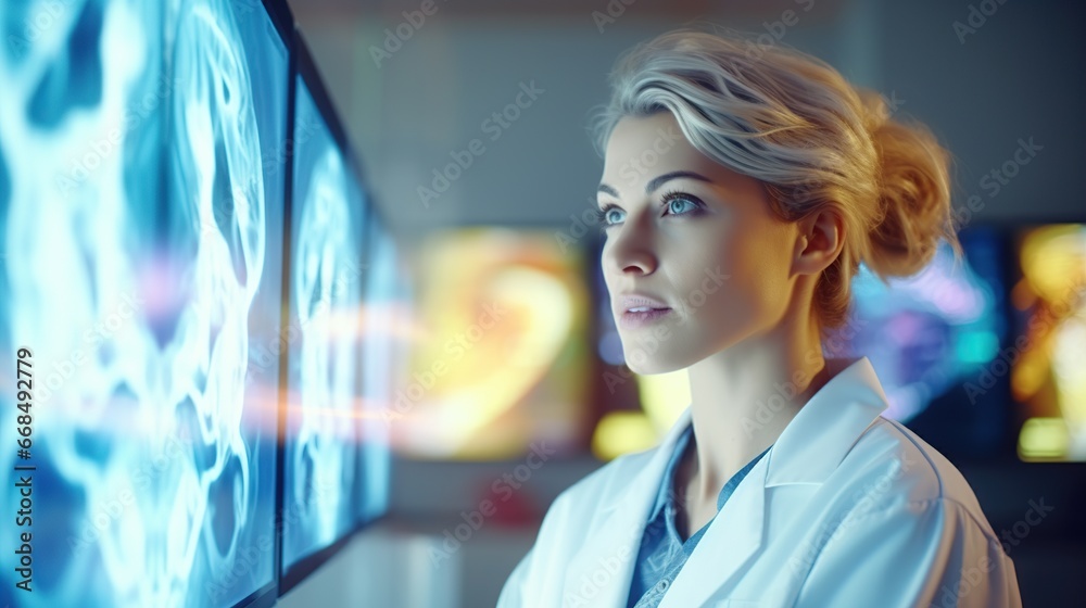 Medical Science Hospital: Neuroscientist Looks at TV Screen with MRI Scan with Brain Images. Health Clinic Lab:Professional Physicians Look at Functioning CT Scan Find Treatment. Generative AI Medical Science Hospital: Neuroscientist Looks at TV Screen with MRI Scan with Brain Images. Health Clinic Lab:Professional Physicians Look at Functioning CT Scan Find Treatment. Generative AI