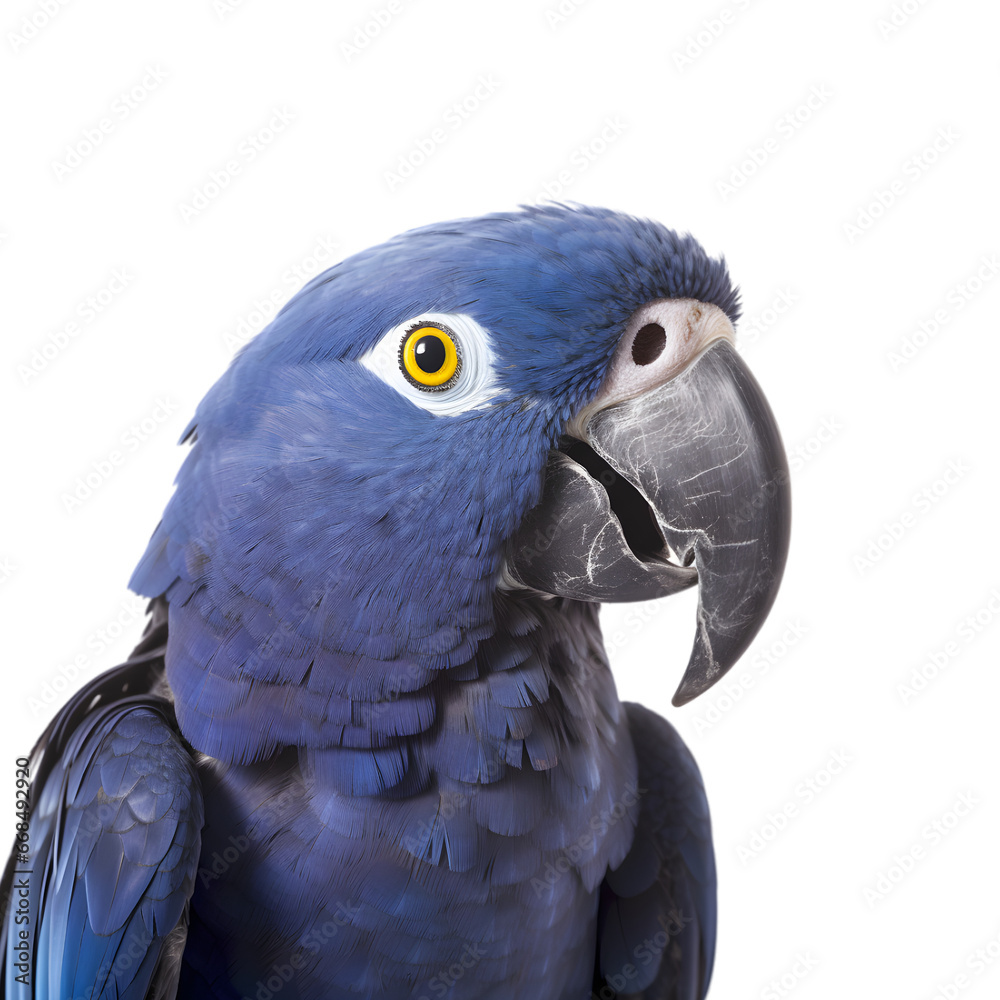 Obraz premium side view, close up, portrait blue hyacinth macaw isolated on transparent background. 
