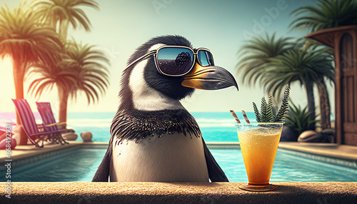 Urlaub machen Werbung Marketing für Reiseveranstalter mit Pinguin mit Sonnenbrille Vorlage Kartenmotiv lsutige skurrile Tiere Generative AI photo
