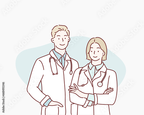 Friendly Male and Female Doctors. Hand drawn style vector design illustrations. © autumnn