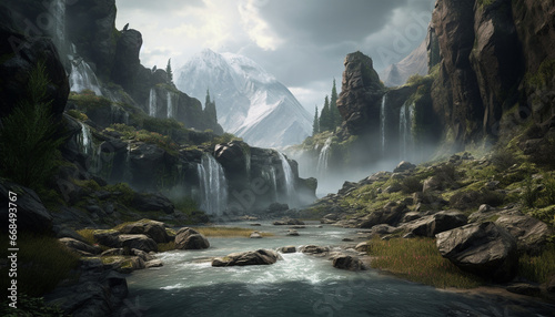 Majestic mountain peak, flowing water, tranquil scene, natural beauty, adventure generated by AI