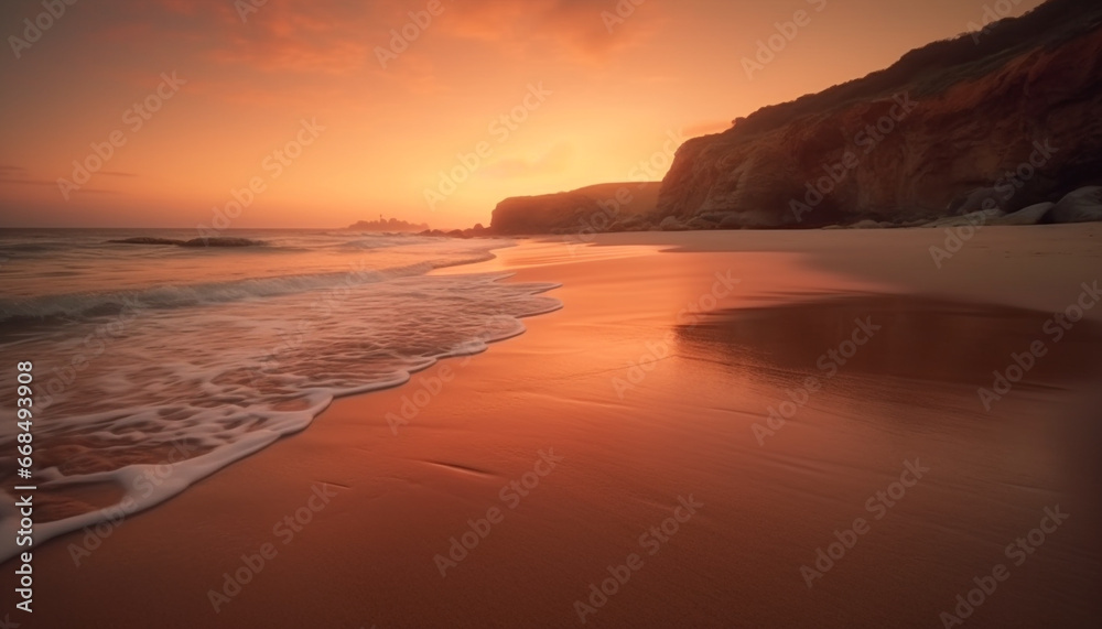 Majestic sunset over tranquil coastline, waves reflecting golden twilight beauty generated by AI