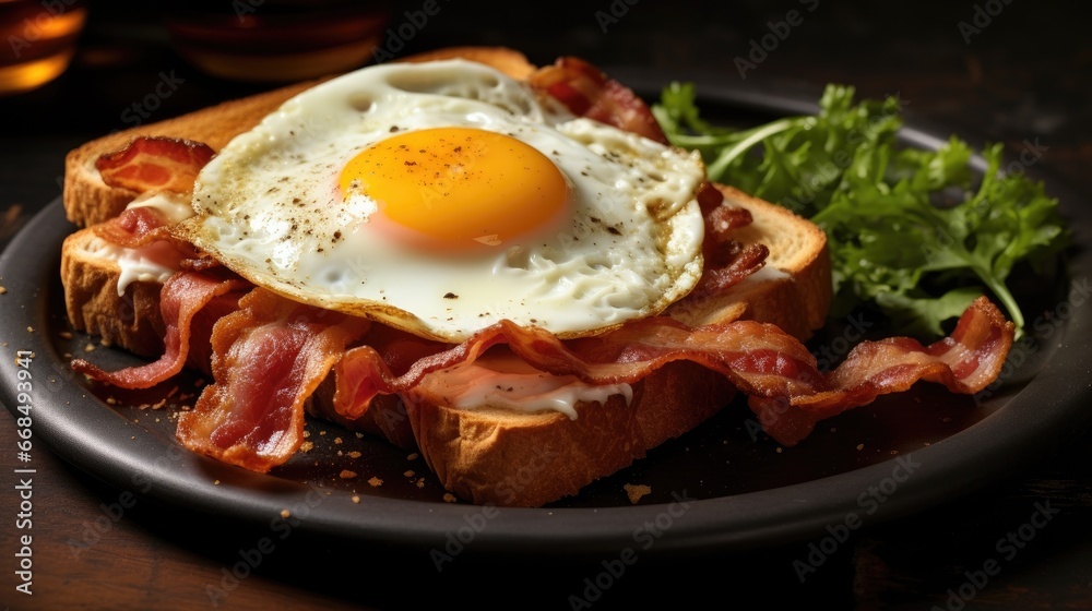 Bacon and fried egg on a toasted bread