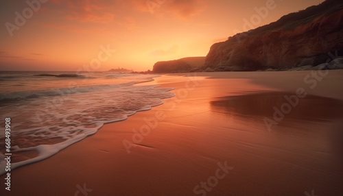 Majestic sunset over tranquil coastline, waves reflecting golden twilight beauty generated by AI