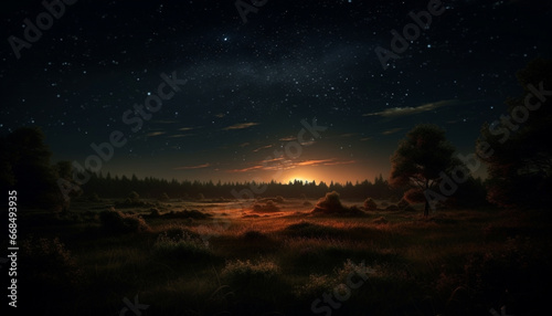 Tranquil scene majestic mountain peak, star filled sky, serene forest generated by AI