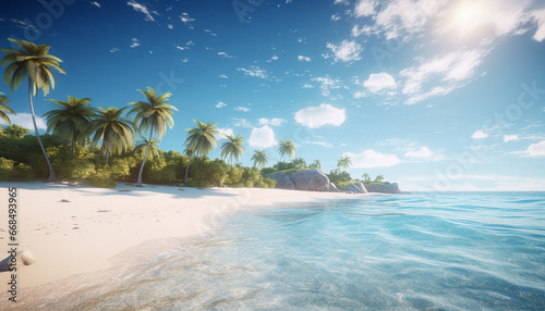 Idyllic tropical coastline, palm tree, turquoise waters, tranquil sunset beauty generated by AI