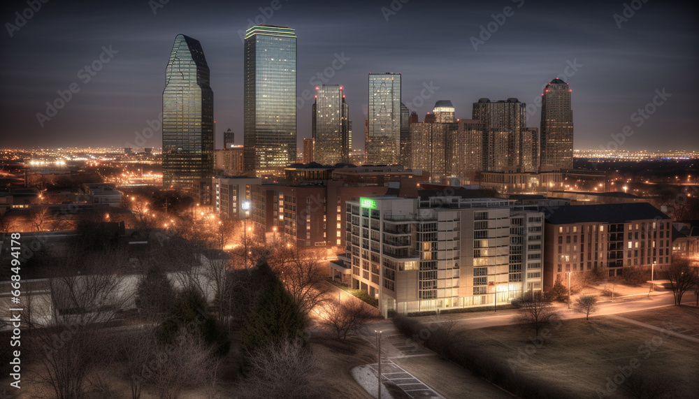 Obraz premium Night skyline, skyscrapers illuminate city, modern architecture reflects in blue twilight generated by AI