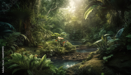 The tropical rainforest is a lush, green paradise of adventure generated by AI