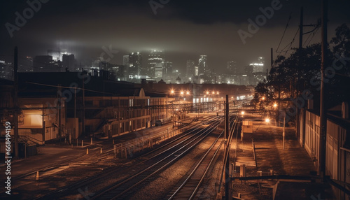 Dark cityscape illuminated by street lights, transportation speeding through the night generated by AI
