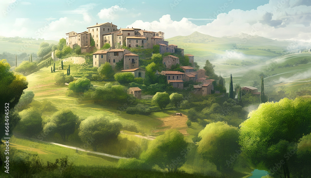 Obraz premium Rural landscape, meadow, tree, farmhouse, mountain, Italian culture, sunset generated by AI