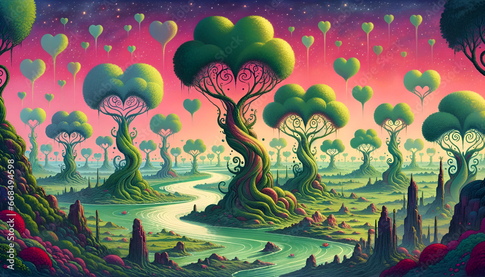 Illustration of a whimsical fantasy landscape. The scene is dominated by unique trees, each with heart-shaped canopies in varying shades of green.