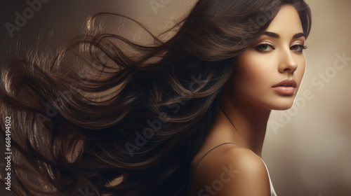 Close up of beautiful brunette woman with long brown hair photo