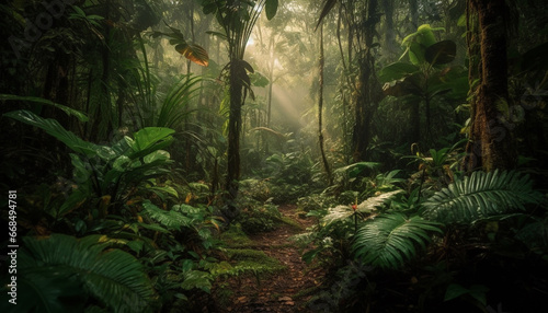 Mysterious fog blankets tranquil rainforest, revealing nature beauty and growth generated by AI