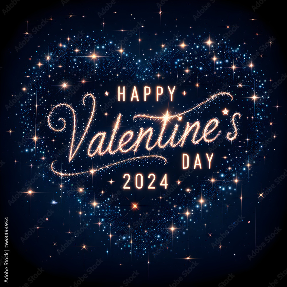 Happy Valentine's Day 2024' Illustration of a deep, navy-blue backdrop filled with twinkling stars.