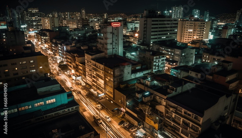 Glowing city streets illuminate the night skyline generated by AI