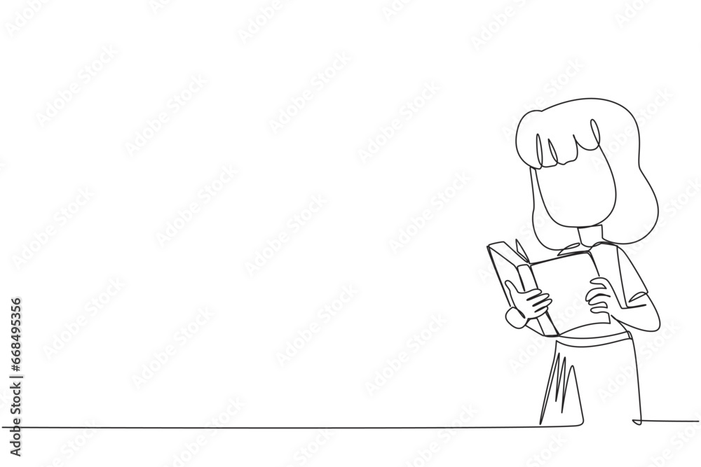 Single continuous line drawing girl focused on reading. Try to find the answers to the tasks given. Seek more knowledge. Reading increases insight. Happy reading. One line design vector illustration