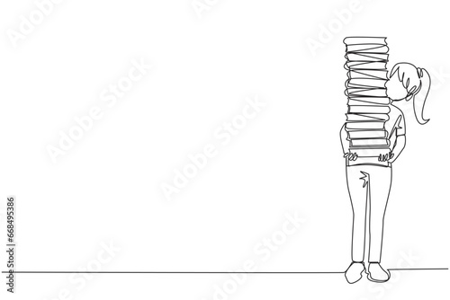 Single one line drawing woman carrying tall stack of books covering herself. Newly purchased book from bookstore. Read books one by one at home. Love read. Continuous line design graphic illustration
