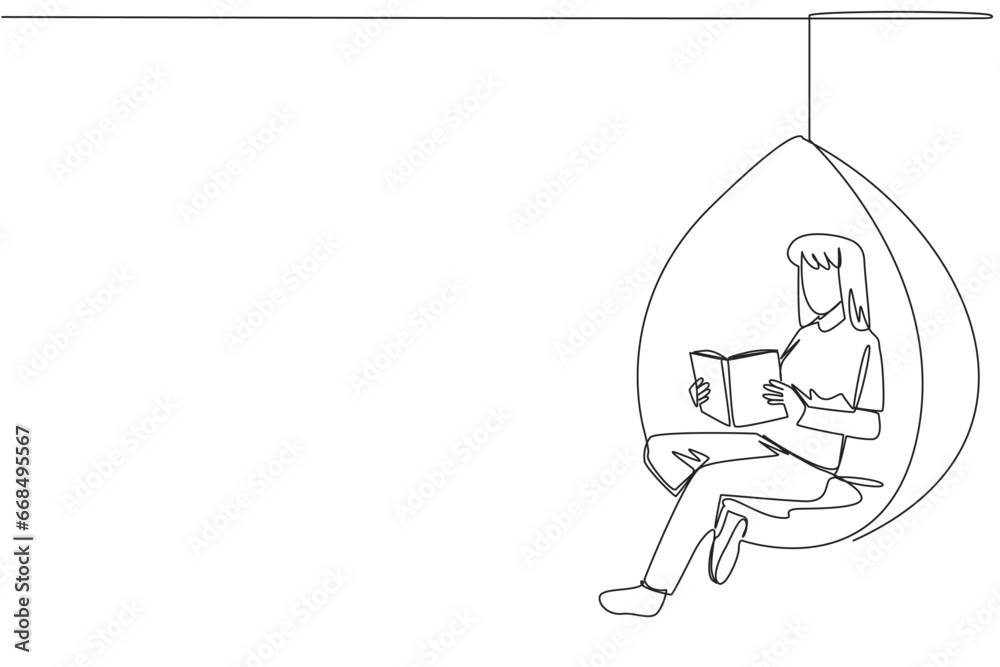 Single one line drawing woman sitting relaxed in a hanging chair reading a book. Spending the weekend reading the favorite fiction story book. Love reading. Continuous line design graphic illustration Single one line drawing woman sitting relaxed in a hanging chair reading a book. Spending the weekend reading the favorite fiction story book. Love reading. Continuous line design graphic illustration