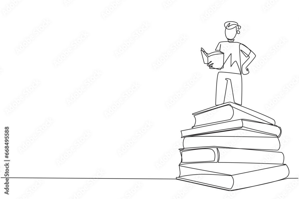Single one line drawing man standing on pile of books reading a fiction story book. Intrigued by the book series. Read anywhere to finish reading. Reading. Continuous line design graphic illustration Single one line drawing man standing on pile of books reading a fiction story book. Intrigued by the book series. Read anywhere to finish reading. Reading. Continuous line design graphic illustration