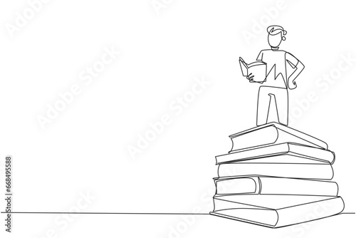 Single one line drawing man standing on pile of books reading a fiction story book. Intrigued by the book series. Read anywhere to finish reading. Reading. Continuous line design graphic illustration