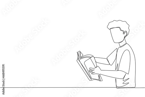 Continuous one line drawing man are very focused on reading a book. Reading fiction story books during holidays. Book festival concept. Very good habit. Single line draw design vector illustration