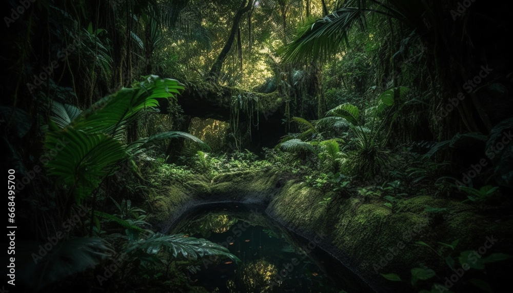 Tranquil scene of a tropical rainforest, untouched by human hands generated by AI