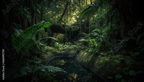Tranquil scene of a tropical rainforest, untouched by human hands generated by AI © Stockgiu