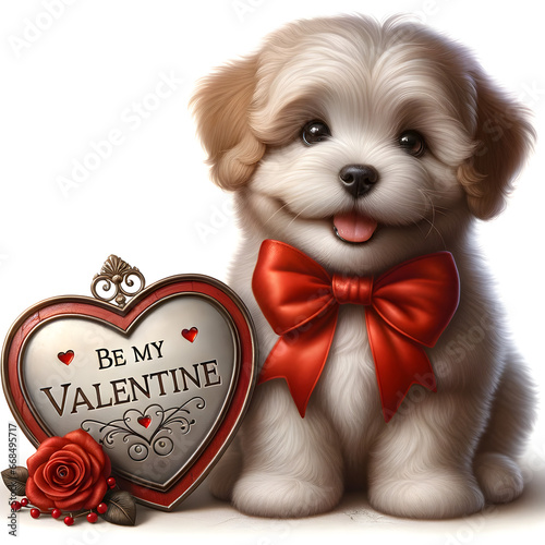 Valentine Day Photo-realistic depiction of a delightful, fluffy puppy, exuding innocence and joy. The puppy has a radiant red bow tied around its neck. Be my Valentine. photo