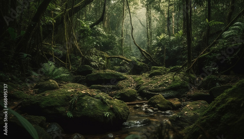 Tranquil scene of a tropical rainforest, untouched by human presence generated by AI
