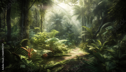 The tropical rainforest is a mysterious, green paradise of nature generated by AI