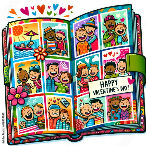 Valentine s Day Cartoon of a colorful photo album  bursting with pictures. Each page has a unique theme  from beach days to winter holidays.