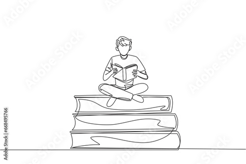 Single one line drawing man sitting cross-legged on pile of large books. Reading comic. Reading textbook. Read scientific journal. Reading increase insight. Continuous line design graphic illustration