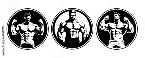 Bodybuilder silhouette illustration. Gym logo. Muscle fitness. Workout.