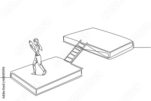 Single one line drawing woman walking reading on books. A book exhibition concept. Display many books, from scientific books to fiction story books. Book festival. Continuous line graphic illustration
