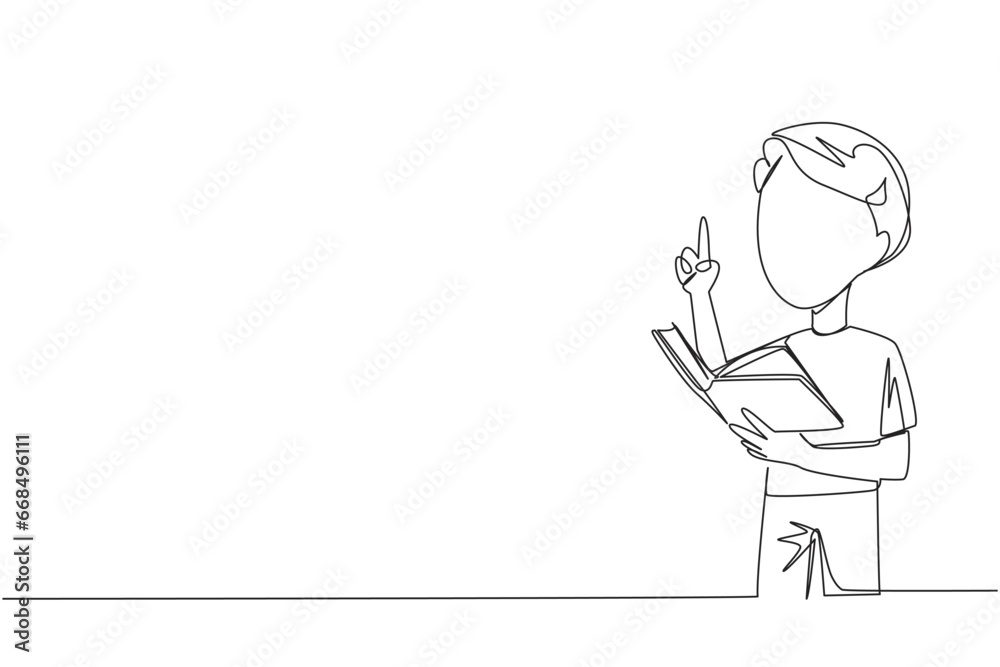 Single continuous line drawing boy standing reading a book. Gesture ...