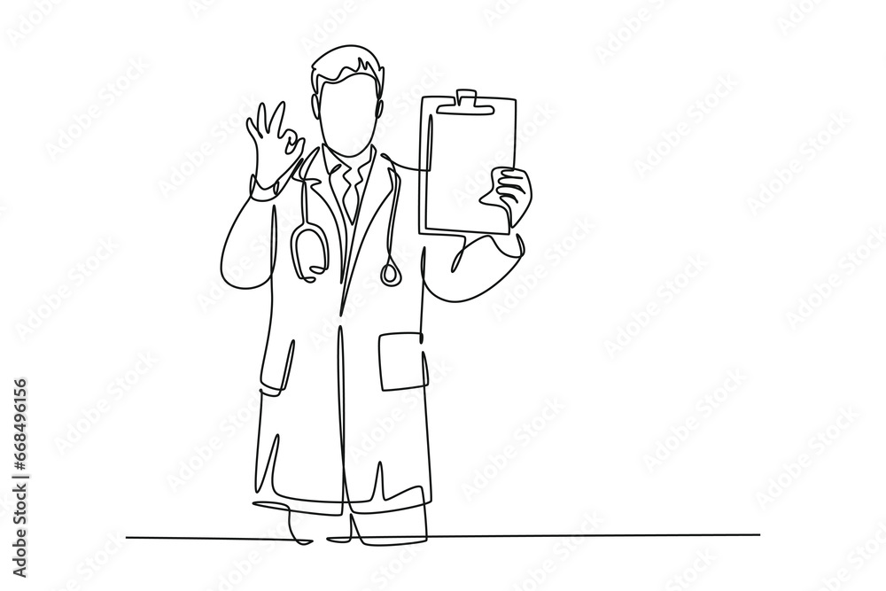 Continuous one line drawing of young happy male doctor showing medical ...