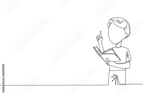Single continuous line drawing boy standing reading a book. Gesture gets the idea. Books can see from different points of view. Brilliant idea from reading book. One line design vector illustration